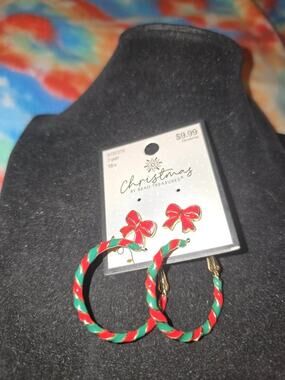 Christmas Themed Hoop Earrings and Bow Studs Set